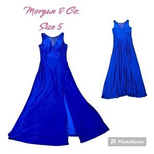 Morgan & Co. Blue Maxi Plunging V neck, Side Mesh Cutouts A-Line Size 5